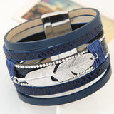 Feather Leaves Wide Magnetic Leather Bracelet - 5 Colors