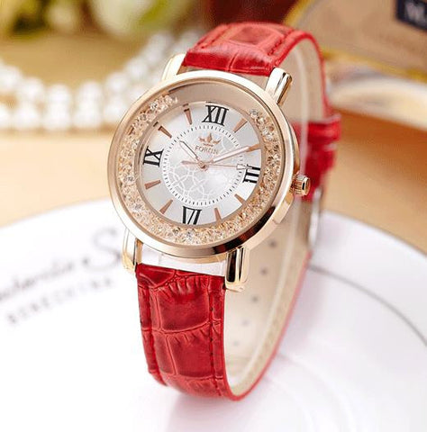 Movable Crystals with Leather Strap Watch - 4 Colors