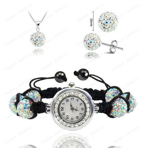 Crystal Bracelet Watch & Necklace & Earrings Set - 19 Colors